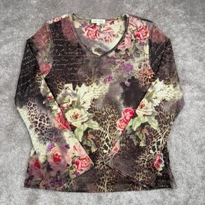 Xcit USA Floral Leopard Print Top Size L Long Sleeve Roses Boho Whimsigoth